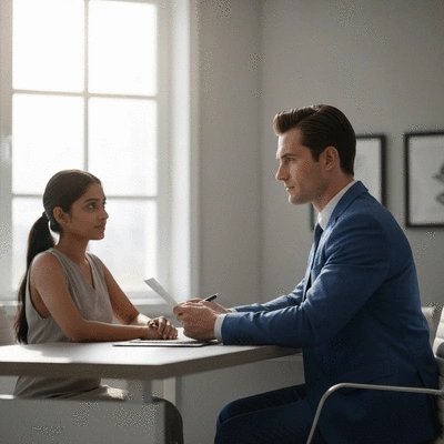 Immigration officer conducting an interview with an applicant across a desk