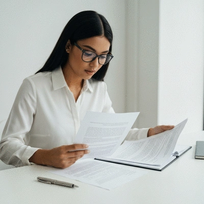 Person reviewing legal documents on a table with a pen and glasses, clean modern setting, no text, no words, no typography, 8K