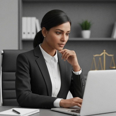 Attorney responding to online reviews on a laptop, demonstrating online reputation management