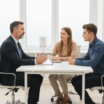 Family lawyer consulting with a couple, offering support and legal advice, clean modern office, professional setting, natural lighting, no text, no words, no typography, 8K