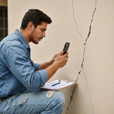 Person documenting construction damage with a smartphone