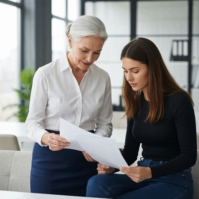 Family lawyer and client reviewing documents, showing support and guidance, modern office, professional attire, natural lighting, no text, no words, no typography, 8K
