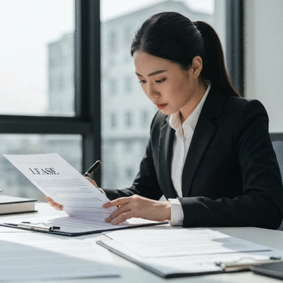 Person reviewing a lease document with a pen, legal forms in background
