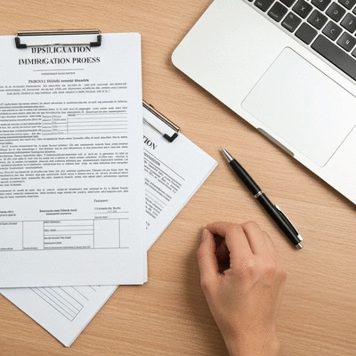 Documents and a pen on a table, illustrating immigration application process, clean image