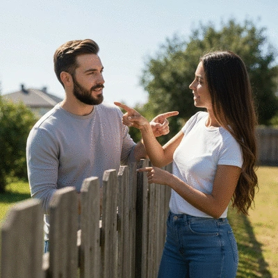 Two neighbors amicably discussing a property boundary on a sunny day, pointing to a fence line, clean image, no text, no words, no typography, 8K
