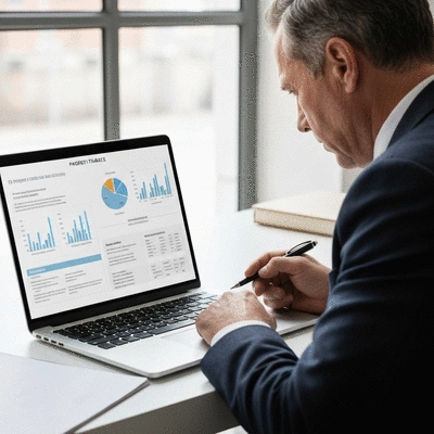 Person reviewing legal documents on a laptop, with a focus on property and finance, no text, no words, no typography, no labels, clean image