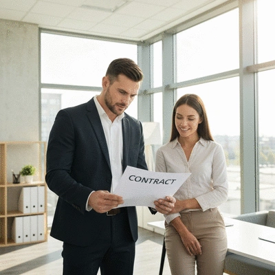 A legal professional reviewing a contract with a client, demonstrating legal support in business, no text, no words, no typography, no labels, clean image