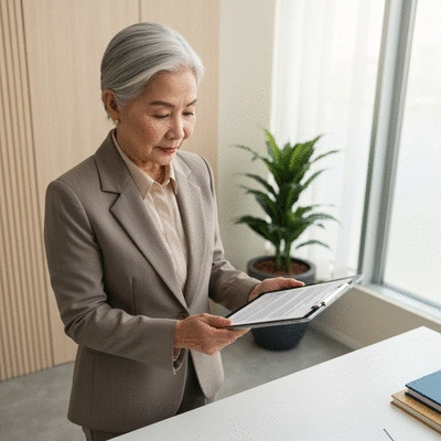 Business owner reviewing a detailed contract on a modern tablet, emphasizing legal protection and clarity