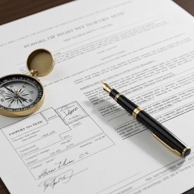 Detailed close-up of a property deed or survey document being reviewed, with a compass and pen nearby, clean image, no text, no words, no typography, 8K