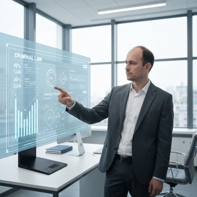 Legal professional analyzing data with a holographic display showing criminal law statistics, modern office setting, no text, no words, no typography, 8K