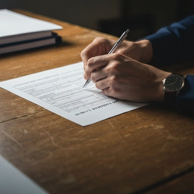 Close-up of hands filling out a legal aid application form on a wooden desk, with blurred legal documents in the background, no text, no words, no typography, clean image