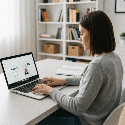 Person using a laptop to research property lawyers, showing a focused approach to finding legal assistance, no text, no words, no typography, clean image