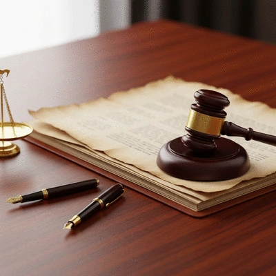 Legal documents and a gavel on a desk, symbolizing property law, no text, no words, no typography, clean image