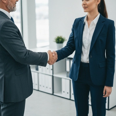 Professional handshake between a business owner and a lawyer, symbolizing agreement and partnership