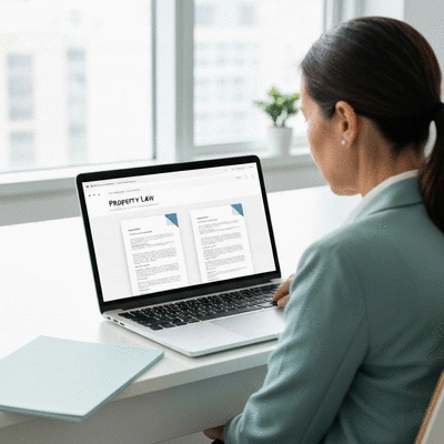 Person using a laptop to research property law online, showing a modern, clean interface