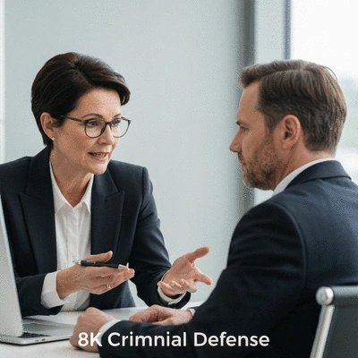 Professional criminal defense lawyer consulting with a client, showing empathy and clear communication