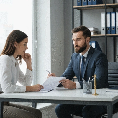 Property lawyer consulting with a client, reviewing documents on a desk