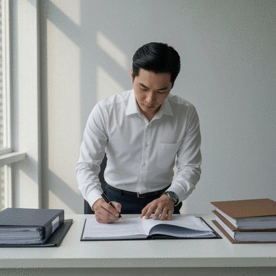 Person organizing legal documents, files, and a pen on a clean desk, symbolizing preparation for a legal meeting