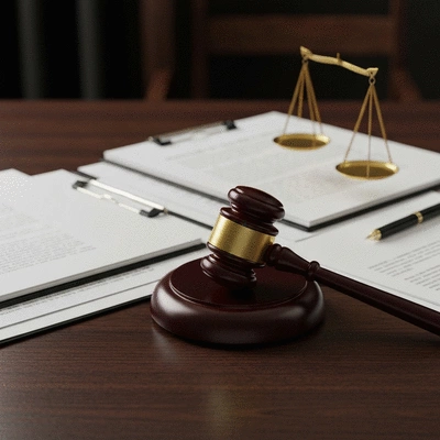 Gavel and legal documents on a dark wooden desk, focused on justice, no text, no words, no typography, clean image
