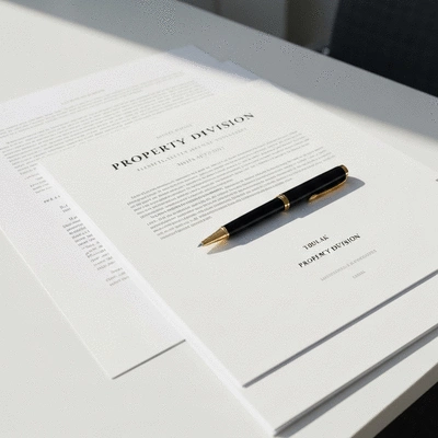 Legal documents and a pen on a desk, representing property division