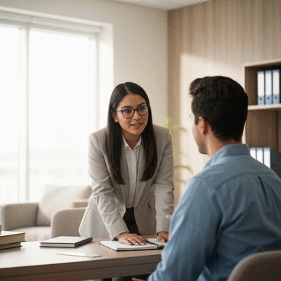 Immigration lawyer consulting with a client, professional and supportive atmosphere