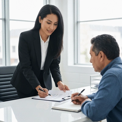 Immigration lawyer explaining documents to a client in a bright, professional office