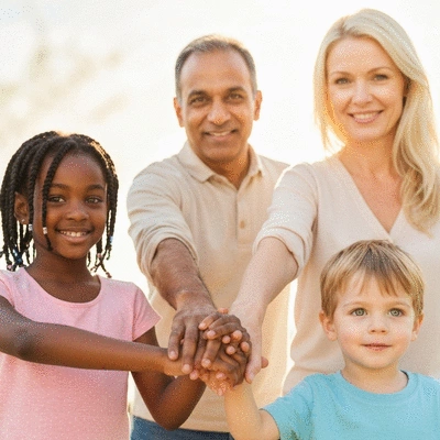 Diverse family holding hands, looking towards a bright future, symbolizing reunification