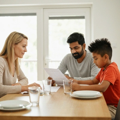 Family reviewing legal documents together at home