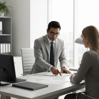 Immigration lawyer consulting with a client, pointing to documents on a desk