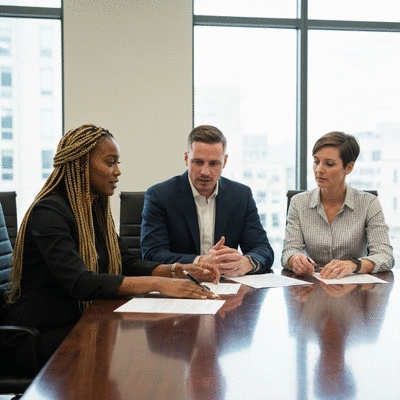 Modern office setting with diverse group of professionals collaborating, legal documents on table, no text, no words, no typography, no labels, clean image
