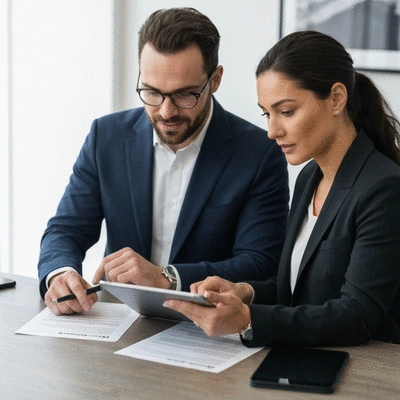Two people reviewing digital property documents on a tablet, showcasing modern legal solutions