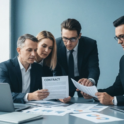 Business professionals reviewing a contract document on a modern office desk