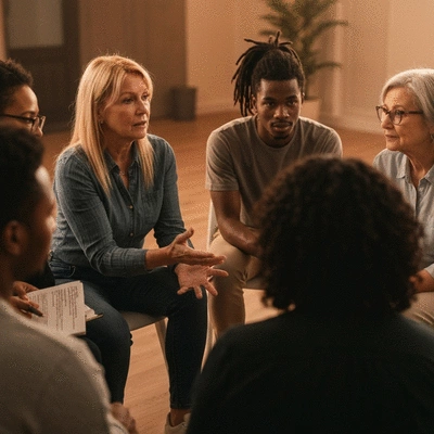 Diverse group of people in a support group setting, discussing their experiences