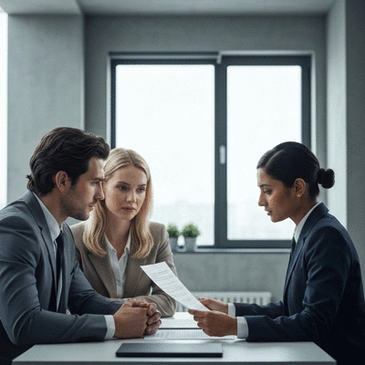 Couple reviewing divorce papers with legal professional