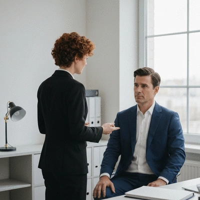 Private criminal lawyer consults with a client in a modern office, showing personalized attention