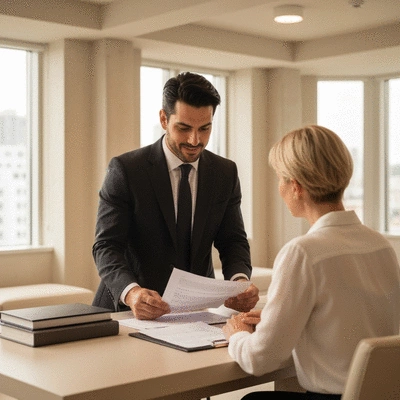 Professional property lawyer reviewing documents with a client in a modern office, showing trust and reliability, no text, no words, no typography, clean image