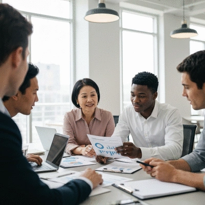 Professional team collaborating on compliance documents in a modern office, no text, no words, no typography, no labels, clean image