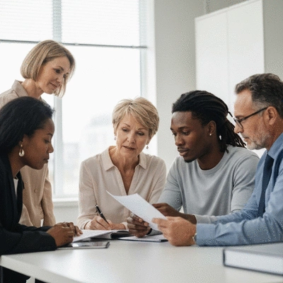 Diverse group of people in a bright, modern office consulting with an immigration lawyer, looking at documents