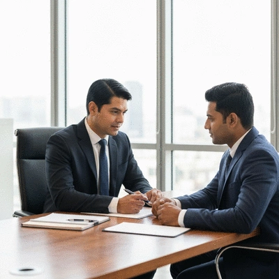 Professional immigration lawyer consulting with a client in a modern office, showing trust and personalized support, no text, no words, no typography, 8K