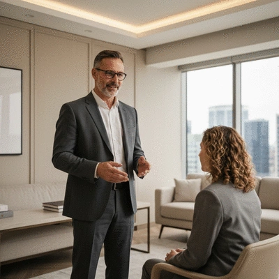 Family lawyer consulting with a client, showing empathy and professionalism