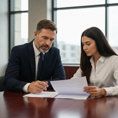 Family lawyer and client discussing documents