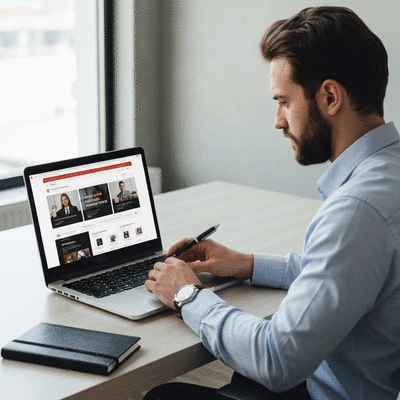 Person researching legal directories on a laptop