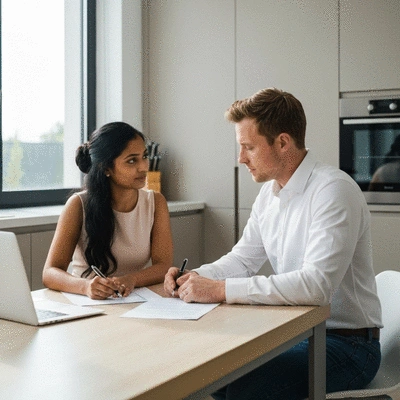 Parents discussing child custody documents at a table