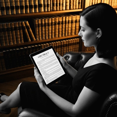 Person using a tablet to read attorney reviews, with legal documents in the background