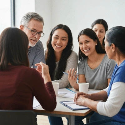 Diverse group of people attending an adoption support group, empathetic and supportive atmosphere, no text, no words, no typography, no labels, clean image
