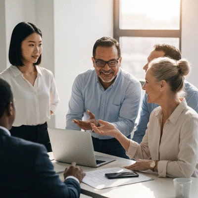 Diverse business team collaboratively reviewing a digital contract on a large screen in a modern office