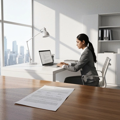 Modern office setting with legal documents and a laptop, showcasing business law compliance