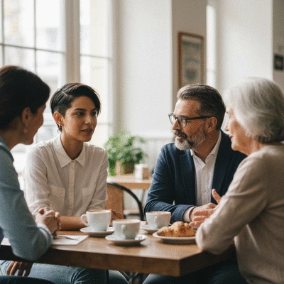 Diverse group of adults in a supportive discussion setting, representing legal consultation and understanding