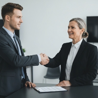 Professional business person shaking hands with a lawyer, symbolizing legal guidance and informed decisions in commercial leasing. No text, no words, no typography, no labels, clean image.