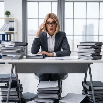 Lawyer looking overwhelmed with stacks of case files on a desk, representing a high caseload